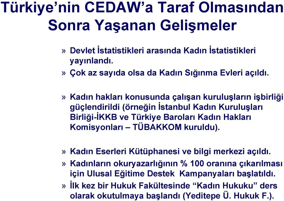 » Kadın hakları konusunda çalışan kuruluşların işbirliği güçlendirildi (örneğin İstanbul Kadın Kuruluşları Birliği-İKKB ve Türkiye Baroları Kadın Hakları