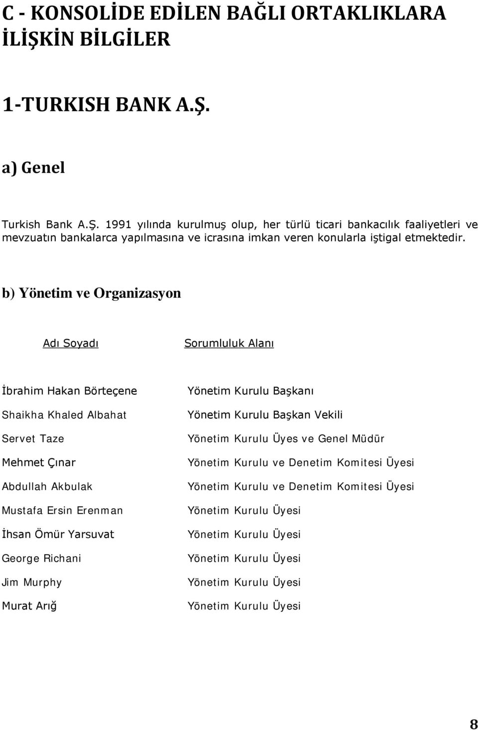 a) Genel Turkish Bank A.Ş.