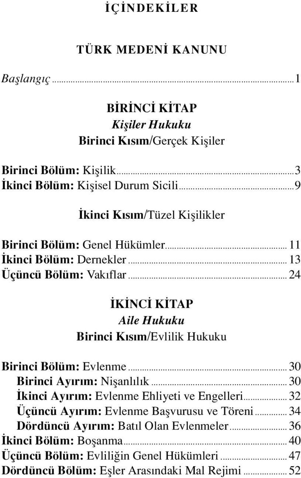 .. 24 K NC K TAP Aile Hukuku Birinci K s m/evlilik Hukuku Birinci Bölüm: Evlenme... 30 Birinci Ay r m: Niflanl l k...30 kinci Ay r m: Evlenme Ehliyeti ve Engelleri.