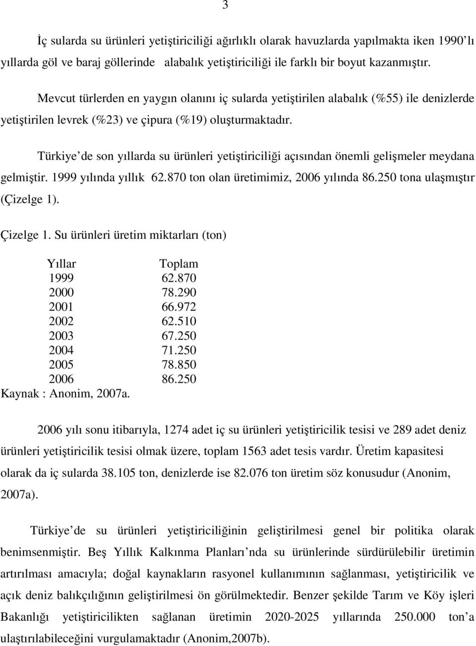 Türkiye de son yıllarda su ürünleri yetiştiriciliği açısından önemli gelişmeler meydana gelmiştir. 1999 yılında yıllık 62.870 ton olan üretimimiz, 2006 yılında 86.250 tona ulaşmıştır (Çizelge 1).