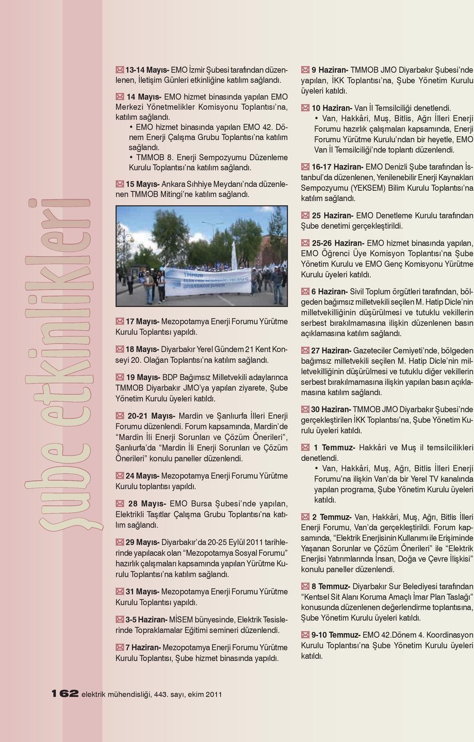Enerji Sempozyumu Düzenleme Kurulu Toplantısı na 15 Mayıs- Ankara Sıhhiye Meydanı nda düzenlenen TMMOB Mitingi ne 17 Mayıs- Mezopotamya Enerji Forumu Yürütme Kurulu Toplantısı 18 Mayıs- Diyarbakır