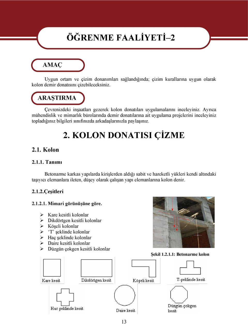 Ayrıca mühendislik ve mimarlık bürolarında demir donatılarına ait uygulama projelerini inceleyiniz topladığınız bilgileri sınıfınızda arkadaşlarınızla paylaşınız. 2.1. Kolon 2.1.1. Tanımı 2.