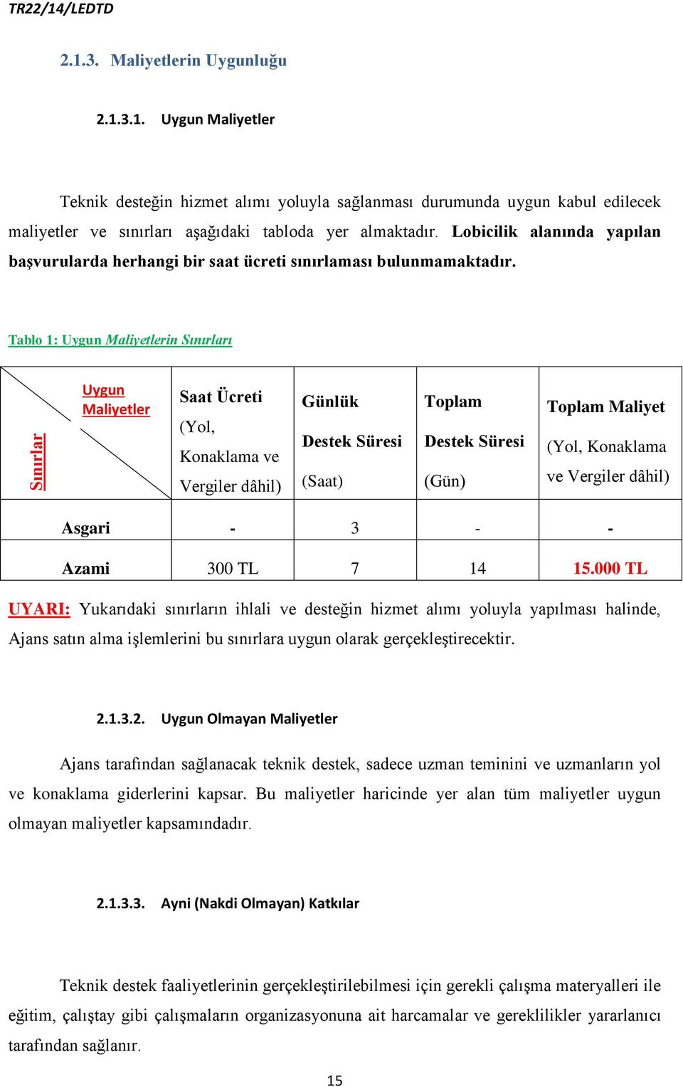 Tablo 1: Uygun Maliyetlerin Sınırları Uygun Maliyetler Saat Ücreti (Yol, Konaklama ve Vergiler dâhil) Günlük Destek Süresi (Saat) Toplam Destek Süresi (Gün) Toplam Maliyet (Yol, Konaklama ve Vergiler