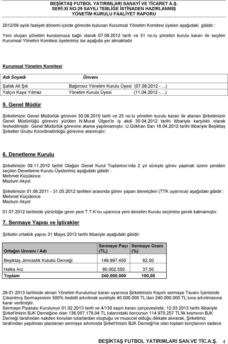 2012 -...) Yalçın Kaya Yılmaz Yönetim Kurulu Üyesi (11.04.2012 -...) 5. Genel Müdür Şirketimizin Genel Müdürlük görevini 30.06.2010 tarih ve 25 no.