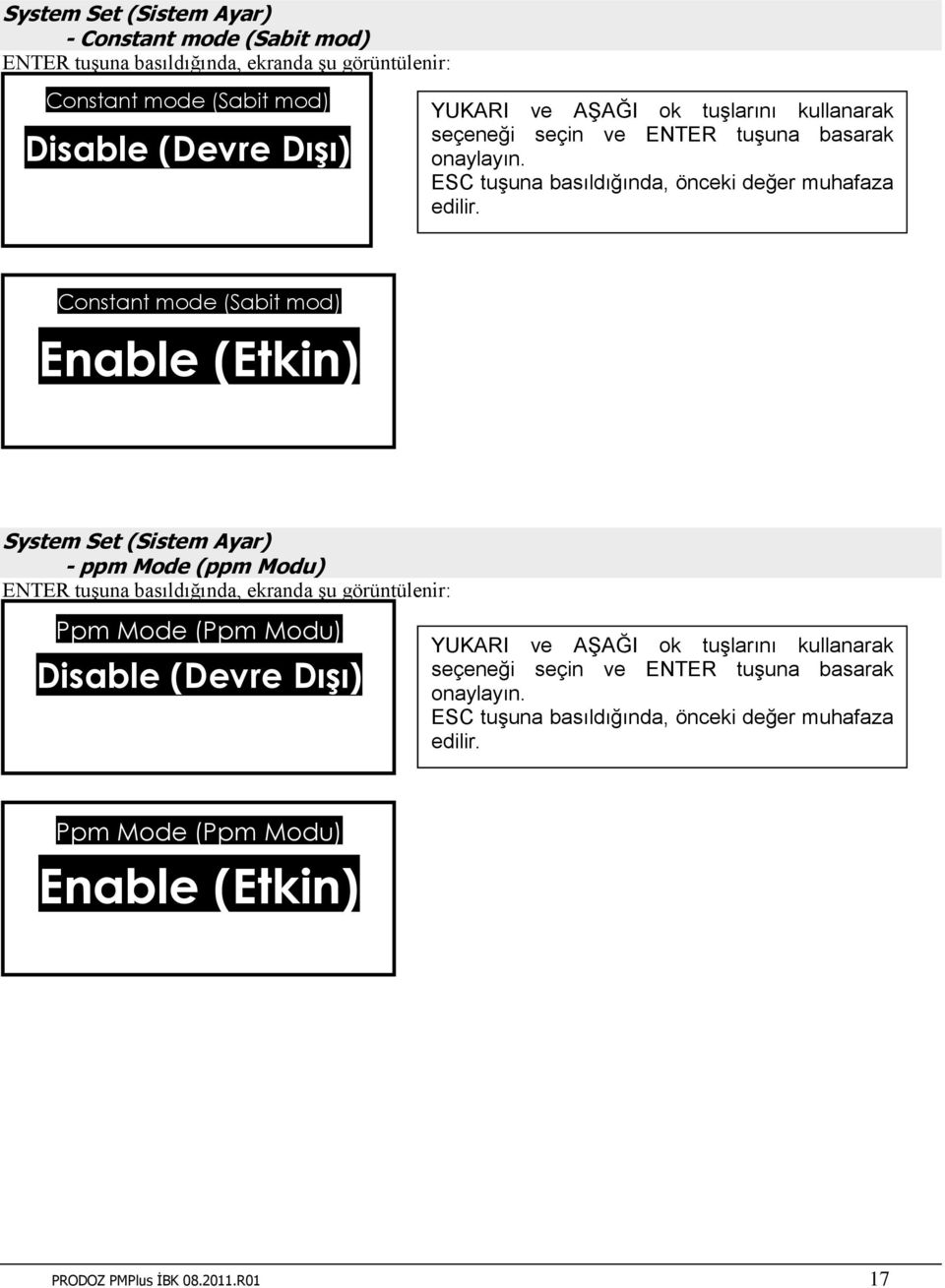 Constant mode (Sabit mod) Enable (Etkin) System Set (Sistem Ayar) - ppm Mode (ppm Modu) Ppm Mode (Ppm Modu) Disable