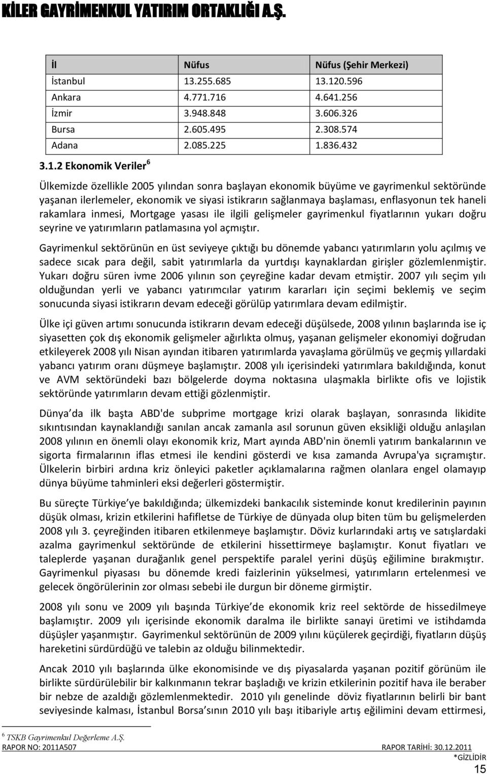 .120.596 Ankara 4.771.716 4.641.256 İzmir 3.948.848 3.606.326 Bursa 2.605.495 2.308.574 Adana 2.085.225 1.836.432 3.1.2 Ekonomik Veriler 6 Ülkemizde özellikle 2005 yılından sonra başlayan ekonomik