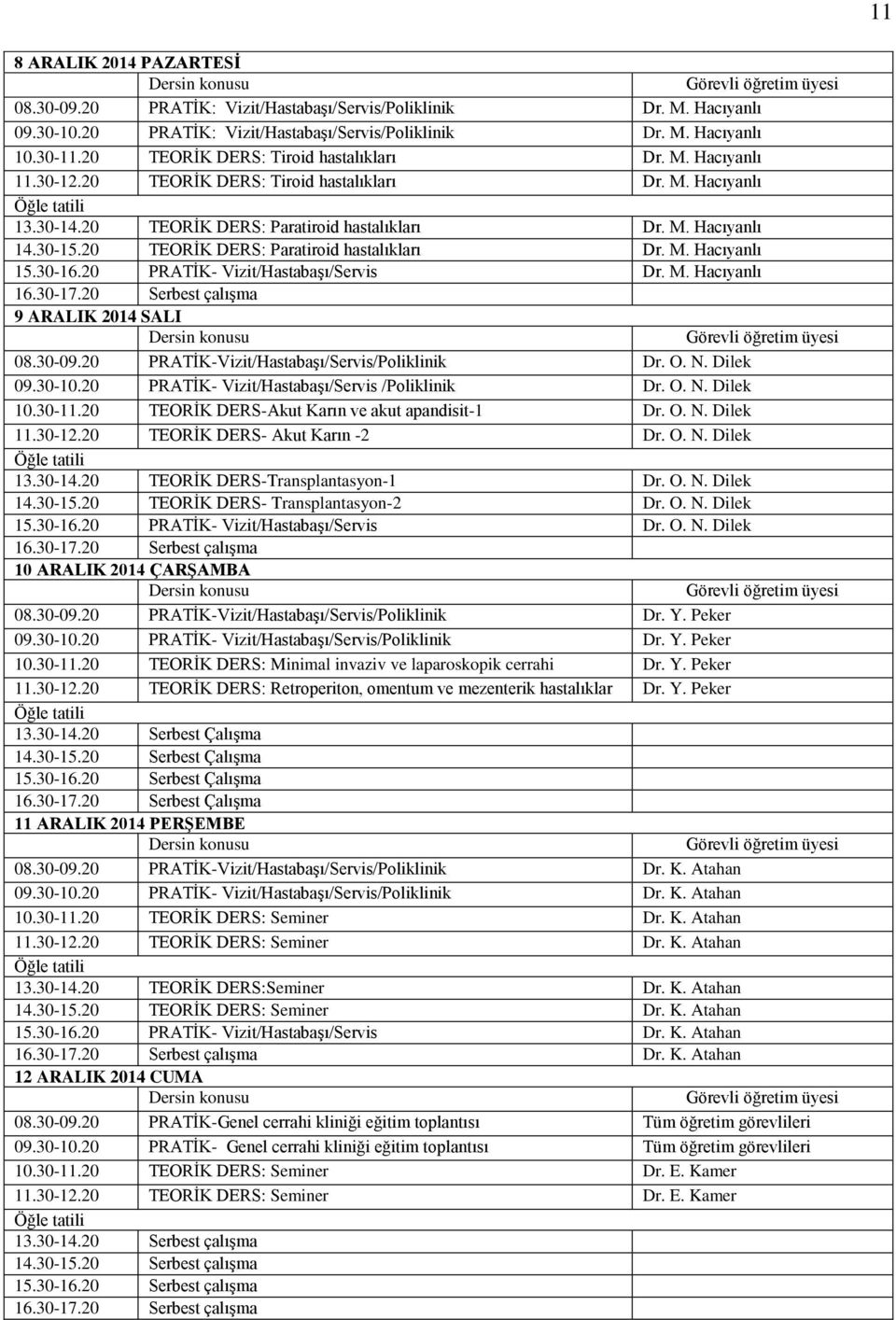 20 TEORİK DERS: Paratiroid hastalıkları Dr. M. Hacıyanlı 15.30-16.20 PRATİK- Vizit/Hastabaşı/Servis Dr. M. Hacıyanlı 16.30-17.20 Serbest çalışma 9 ARALIK 2014 SALI 10.30-11.