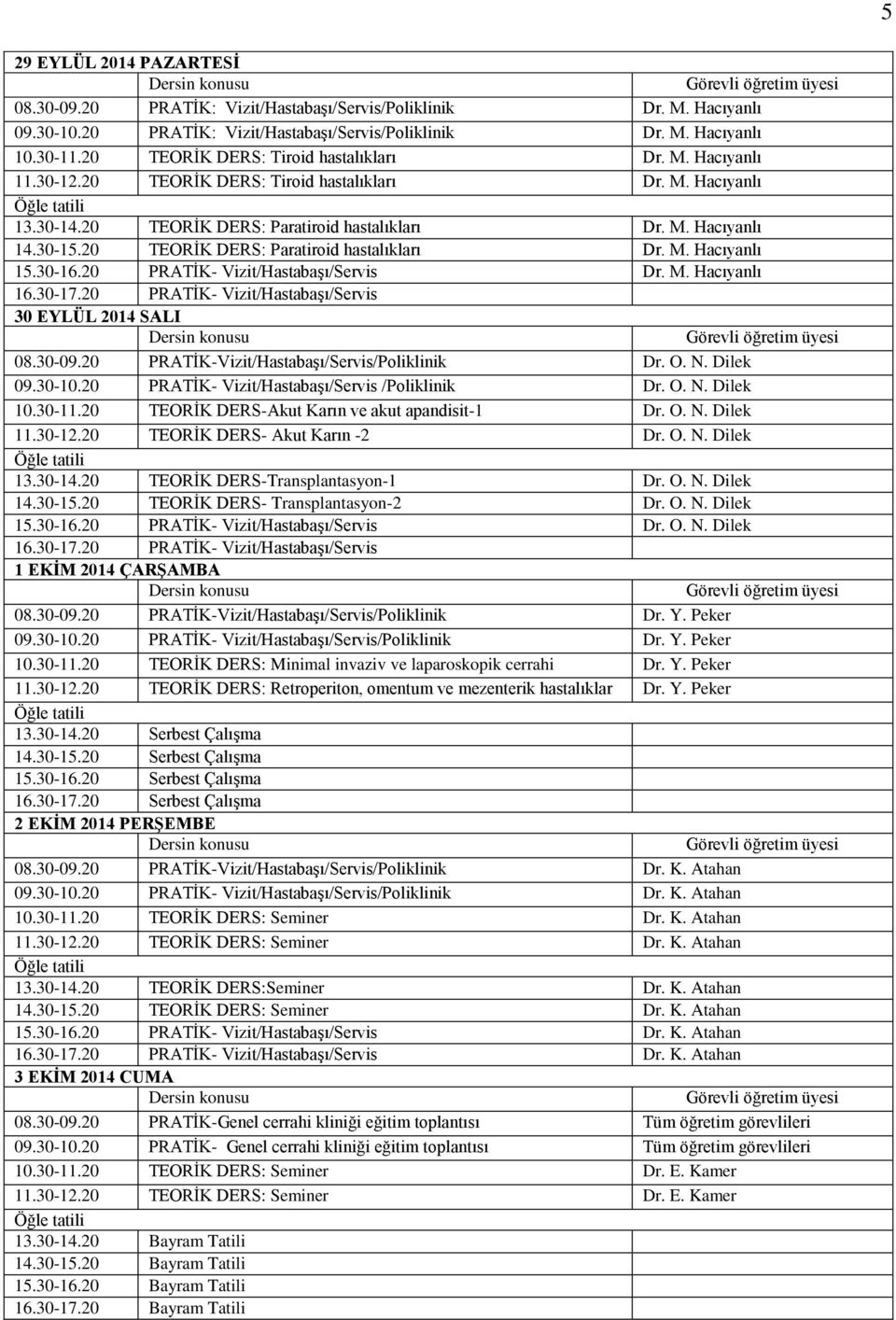 20 TEORİK DERS: Paratiroid hastalıkları Dr. M. Hacıyanlı 15.30-16.20 PRATİK- Vizit/Hastabaşı/Servis Dr. M. Hacıyanlı 16.30-17.20 PRATİK- Vizit/Hastabaşı/Servis 30 EYLÜL 2014 SALI 10.30-11.