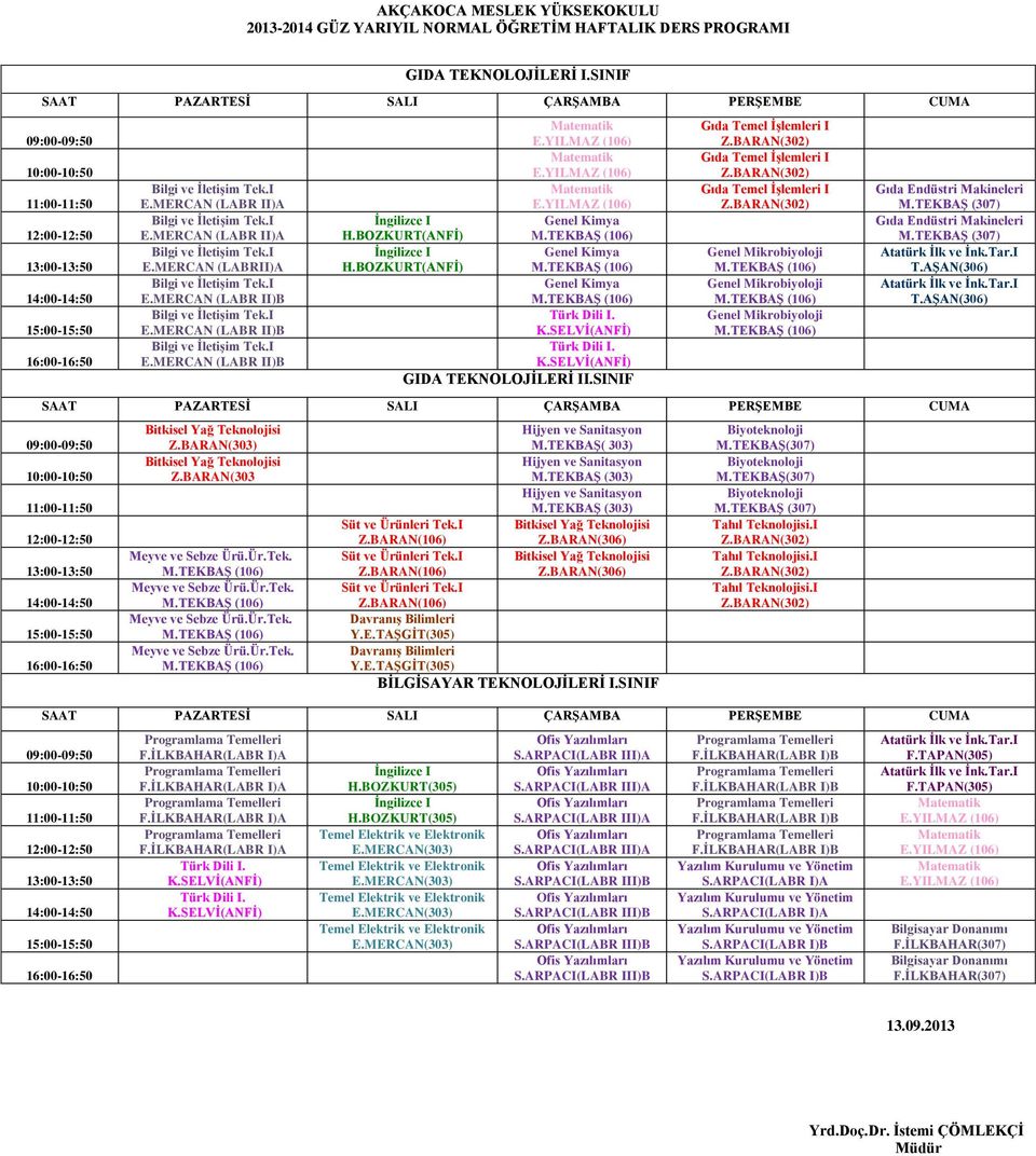 TEKBAŞ (303) Z.BARAN(106) Z.BARAN(106) Z.BARAN(106) BİLGİSAYAR TEKNOLOJİLERİ I.SINIF M.TEKBAŞ(307) M.TEKBAŞ(307) M.TEKBAŞ (307) H.