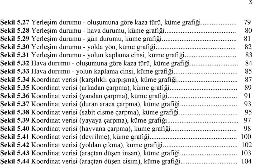 .. 84 Şekil 5.33 Hava durumu - yolun kaplama cinsi, küme grafiği... 85 Şekil 5.34 Koordinat verisi (karşılıklı çarpışma), küme grafiği... 87 Şekil 5.35 Koordinat verisi (arkadan çarpma), küme grafiği.