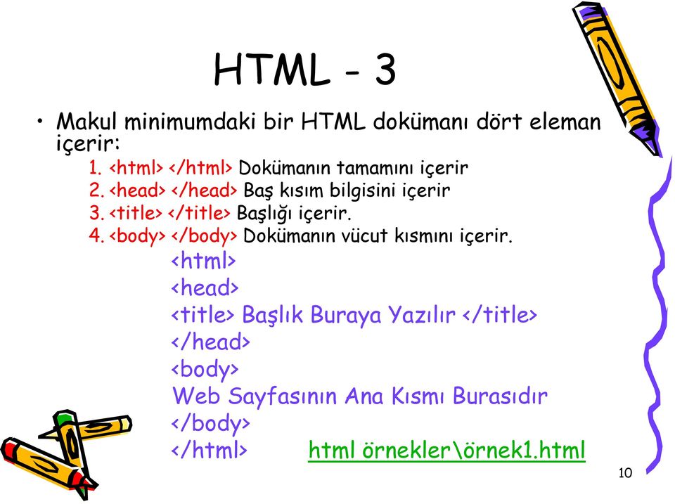 <title> </title> Başlığı içerir. 4. <body> </body> Dokümanın vücut kısmını içerir.