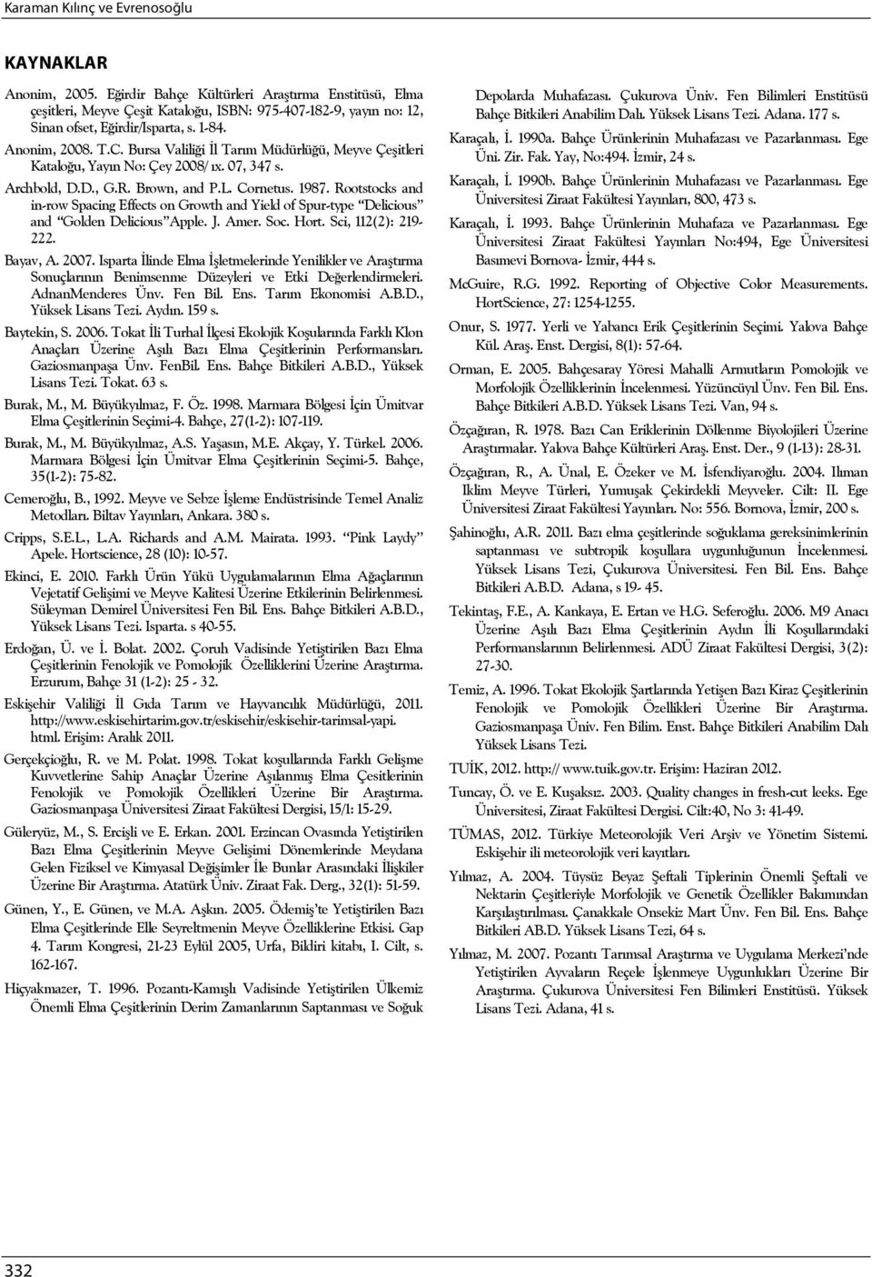 Rootstocks and in-row Spacing Effects on Growth and Yield of Spur-type Delicious and Golden Delicious Apple. J. Amer. Soc. Hort. Sci, 112(2): 219-222. Bayav, A. 2007.