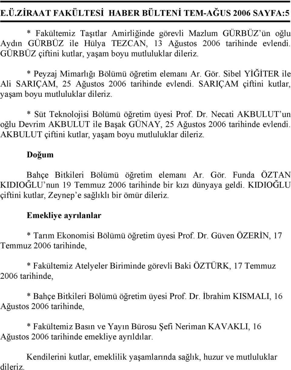 SARIÇAM çiftini kutlar, yaşam boyu mutluluklar dileriz. * Süt Teknolojisi Bölümü öğretim üyesi Prof. Dr. Necati AKBULUT un oğlu Devrim AKBULUT ile Başak GÜNAY, 25 Ağustos 2006 tarihinde evlendi.