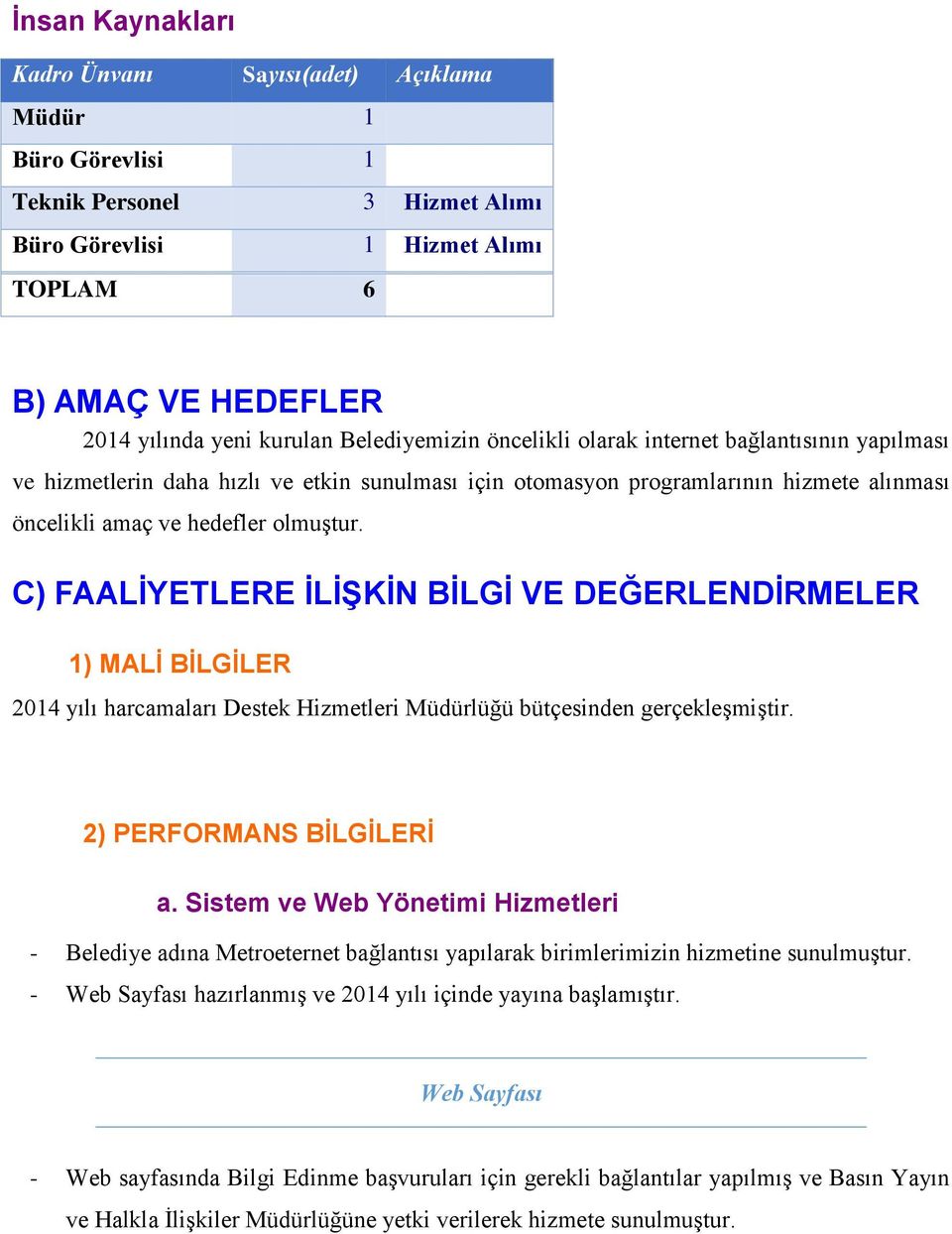 C) FAALİYETLERE İLİŞKİN BİLGİ VE DEĞERLENDİRMELER 1) MALİ BİLGİLER 2014 yılı harcamaları Destek Hizmetleri Müdürlüğü bütçesinden gerçekleşmiştir. 2) PERFORMANS BİLGİLERİ a.