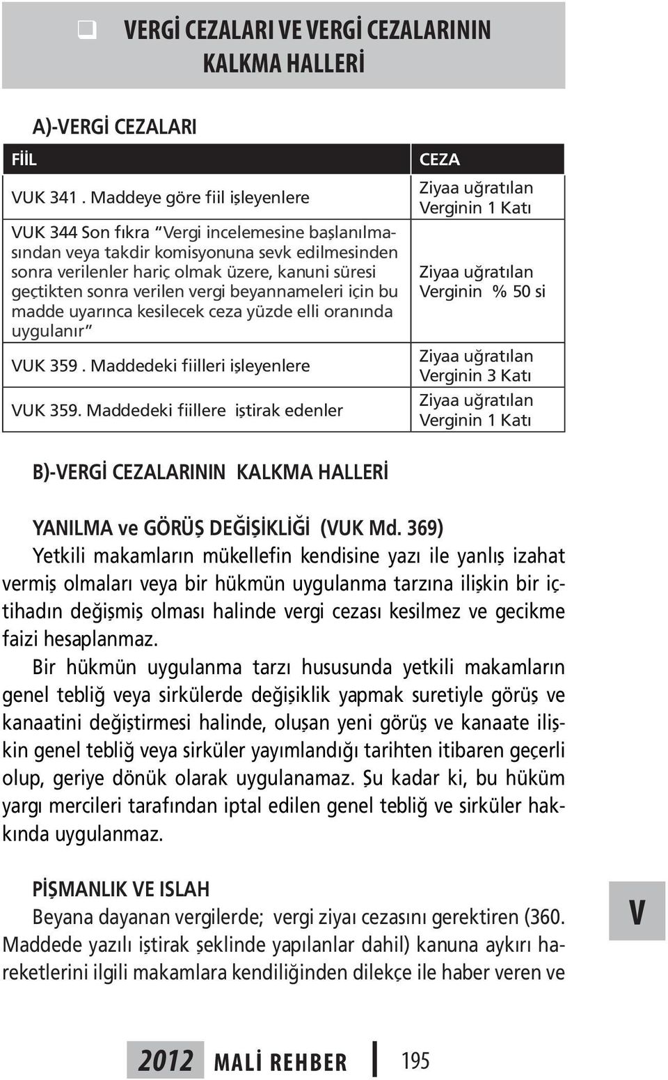 vergi beyannameleri için bu madde uyarınca kesilecek ceza yüzde elli oranında uygulanır VUK 359. Maddedeki fiilleri işleyenlere VUK 359.