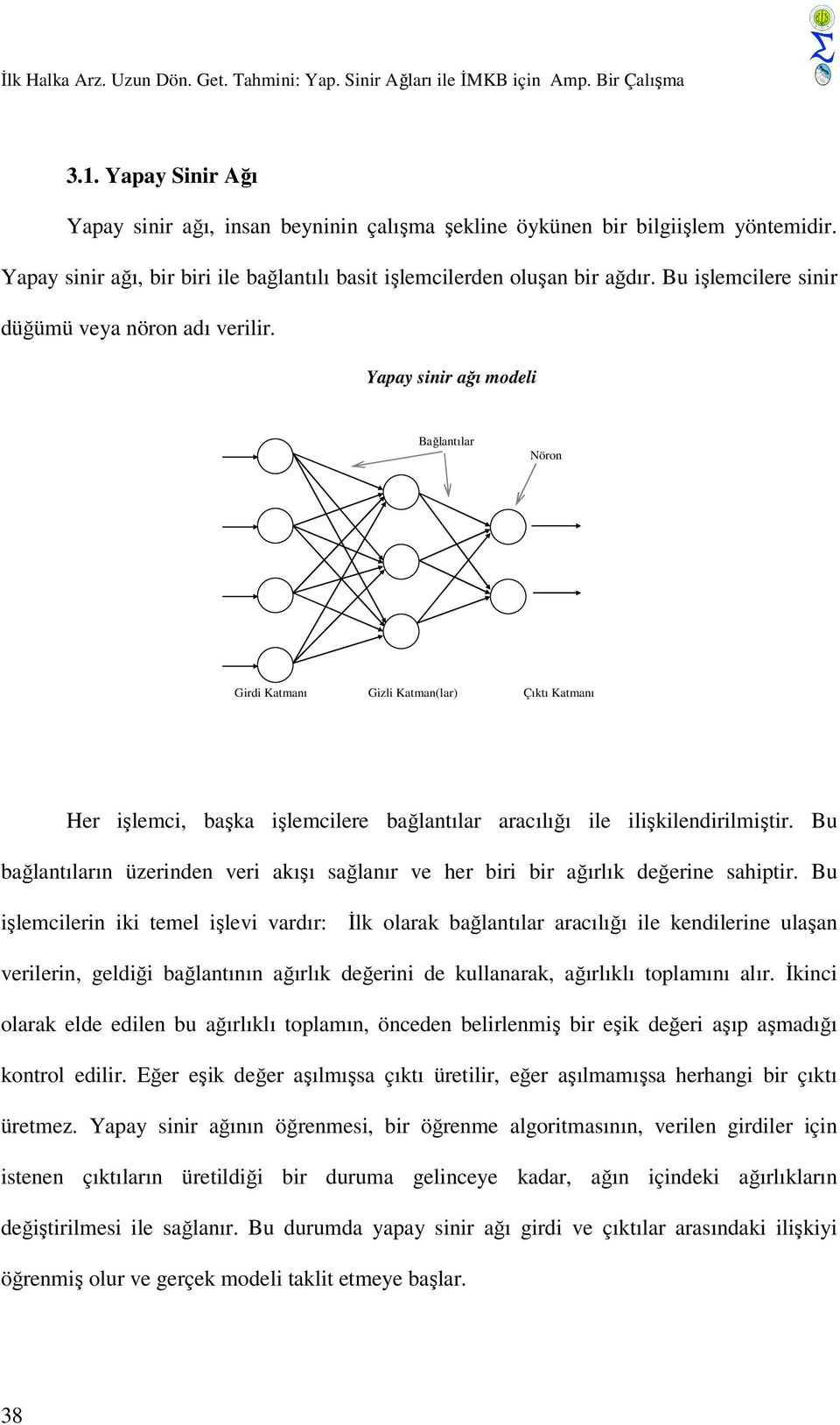 Yapay snr ağı model Bağlantılar Nöron Grd Katmanı Gzl Katman(lar) Çıktı Katmanı Her şlemc, başka şlemclere bağlantılar aracılığı le lşklendrlmştr.