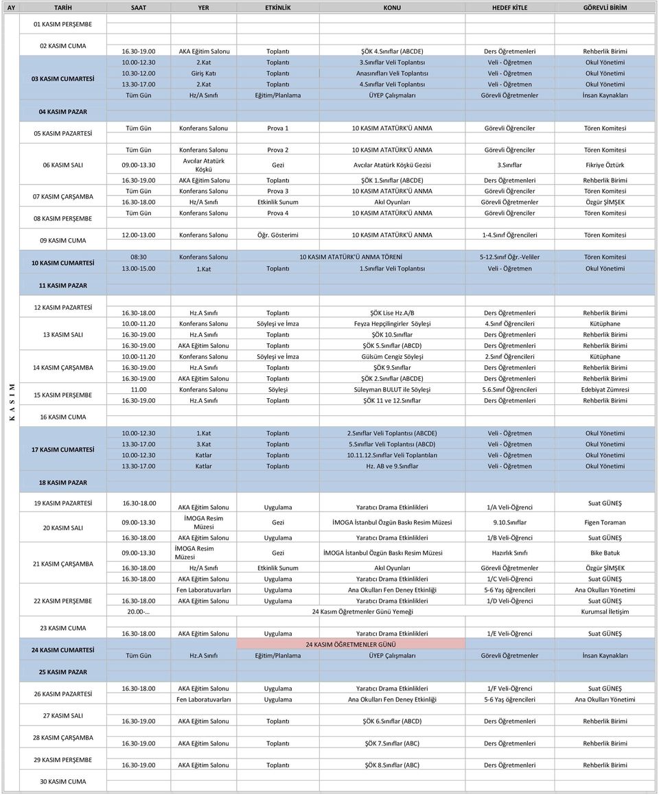 Sınıflar Veli Toplantısı Veli - Öğretmen Okul Yönetimi Tüm Gün Hz/A Sınıfı Eğitim/Planlama ÜYEP Çalışmaları Görevli Öğretmenler İnsan Kaynakları 04 KASIM PAZAR 05 KASIM PAZARTESİ 06 KASIM SALI 07