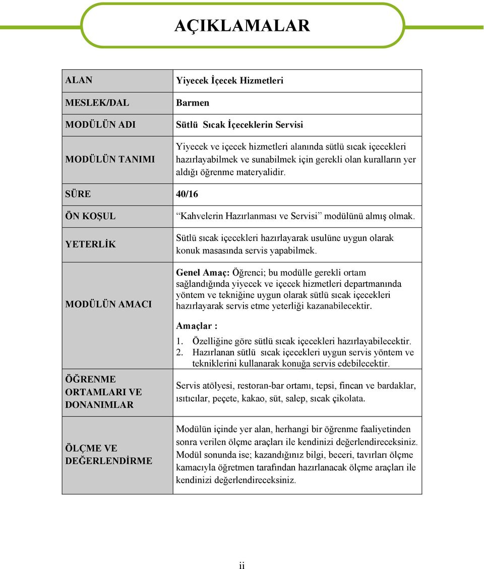 SÜRE 40/16 ÖN KOŞUL YETERLİK MODÜLÜN AMACI ÖĞRENME ORTAMLARI VE DONANIMLAR ÖLÇME VE DEĞERLENDİRME Kahvelerin Hazırlanması ve Servisi modülünü almış olmak.