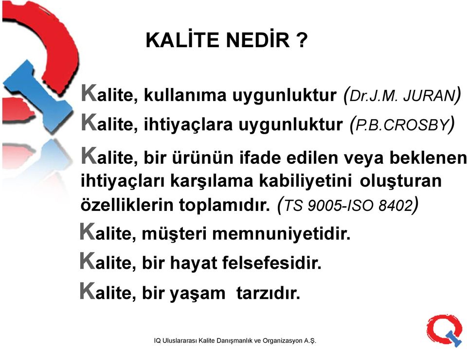 CROSBY)( ) Kalite, bir ürünün ifade edilen veya beklenen ihtiyaçları karşılama