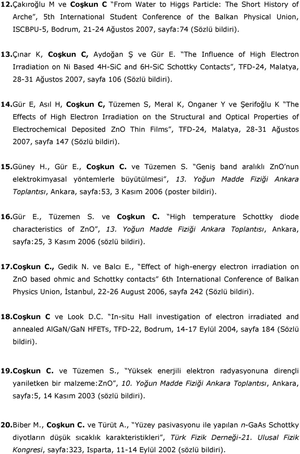 The Influence of High Electron Irradiation on Ni Based 4H-SiC and 6H-SiC Schottky Contacts, TFD-24, Malatya, 28-31 Ağustos 2007, sayfa 106 (Sözlü bildiri). 14.