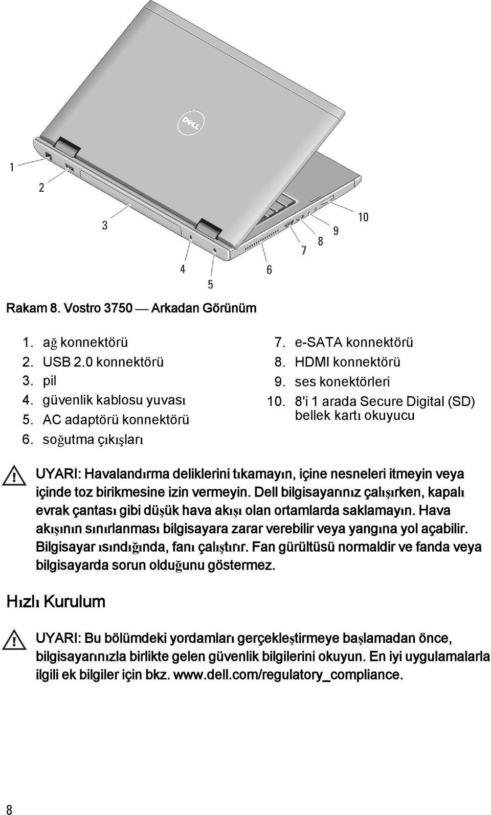 Dell bilgisayarınız çalışırken, kapalı evrak çantası gibi düşük hava akışı olan ortamlarda saklamayın. Hava akışının sınırlanması bilgisayara zarar verebilir veya yangına yol açabilir.