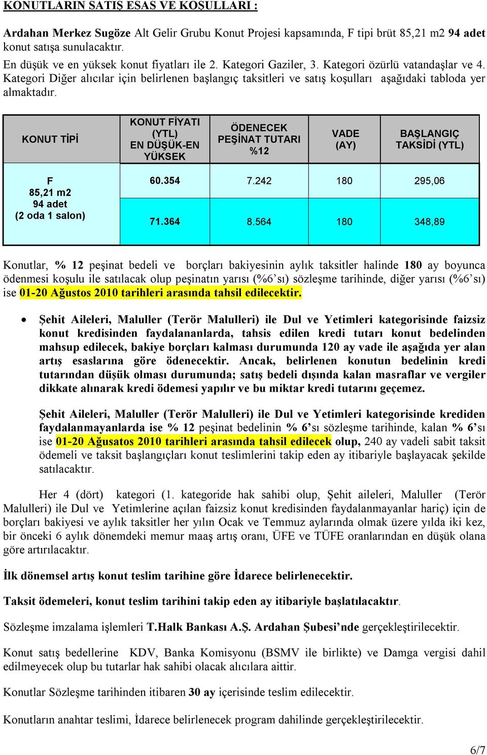 Kategori Diğer alıcılar için belirlenen başlangıç taksitleri ve satış koşulları aşağıdaki tabloda yer almaktadır.