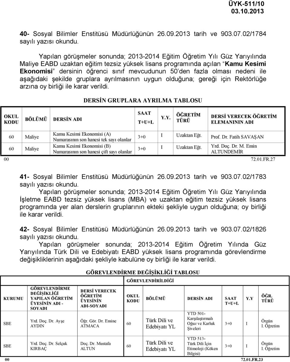 öğrenci sınıf mevcudunun 50 den fazla olması nedeni ile aşağıdaki şekilde gruplara ayrılmasının uygun olduğuna; gereği için Rektörlüğe arzına oy birliği ile karar DERSİN GRUPLARA AYRILMA TABLOSU OKUL