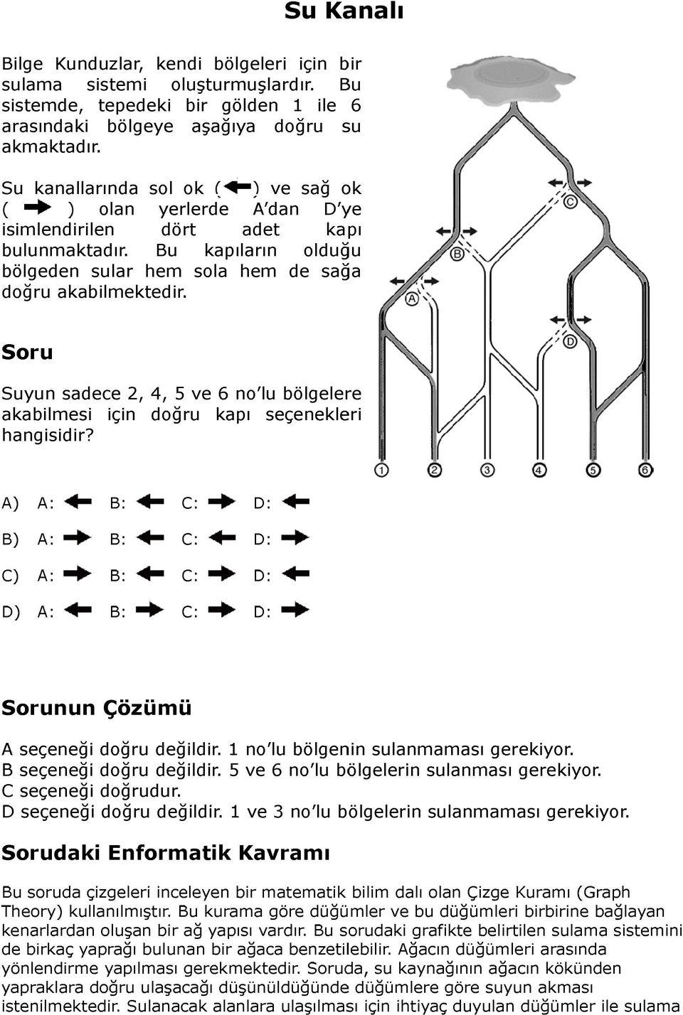 Suyun sadece 2, 4, 5 ve 6 no'lu bölgelere akabilmesi için doğru kapı seçenekleri hangisidir? A) A: B: C: D: B) A: B: C: D: C) A: B: C: D: D) A: B: C: D: nun Çözümü A seçeneği doğru değildir.