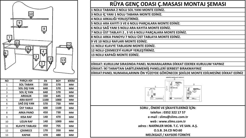 11 NOLU KLAVYE TABLASINI MONTE EDİNİZ. 12 NOLU ÇEKMECEYİ KURUP YERLEŞTİRİNİZ. 13 NOLU KAPAĞI MONTE EDİNİZ.