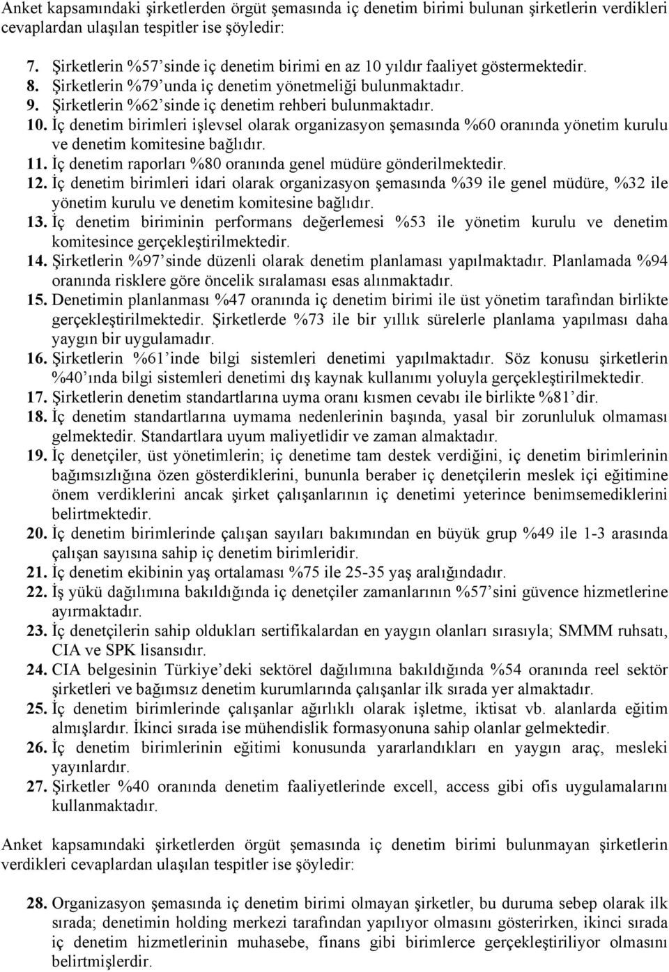 Şirketlerin %62 sinde iç denetim rehberi bulunmaktadır. 10. İç denetim birimleri işlevsel olarak organizasyon şemasında %60 oranında yönetim kurulu ve denetim komitesine bağlıdır. 11.