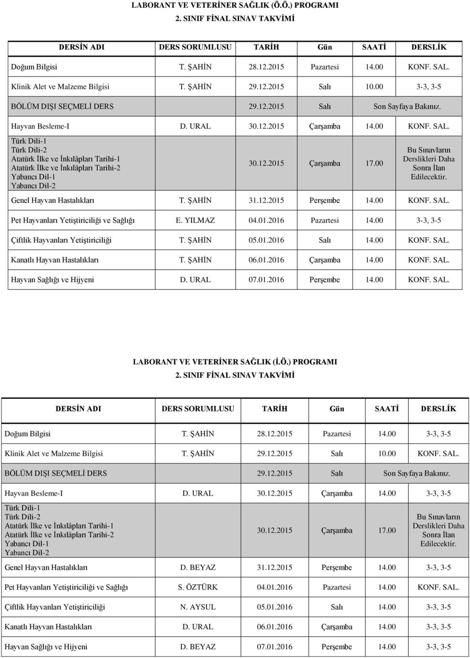 00 3-3, 3-5 Çiftlik Hayvanları Yetiştiriciliği T. ŞAHİN 05.01.2016 Salı 14.00 KONF. SAL. Kanatlı Hayvan Hastalıkları T. ŞAHİN 06.01.2016 Çarşamba 14.00 KONF. SAL. Hayvan Sağlığı ve Hijyeni D. URAL 07.