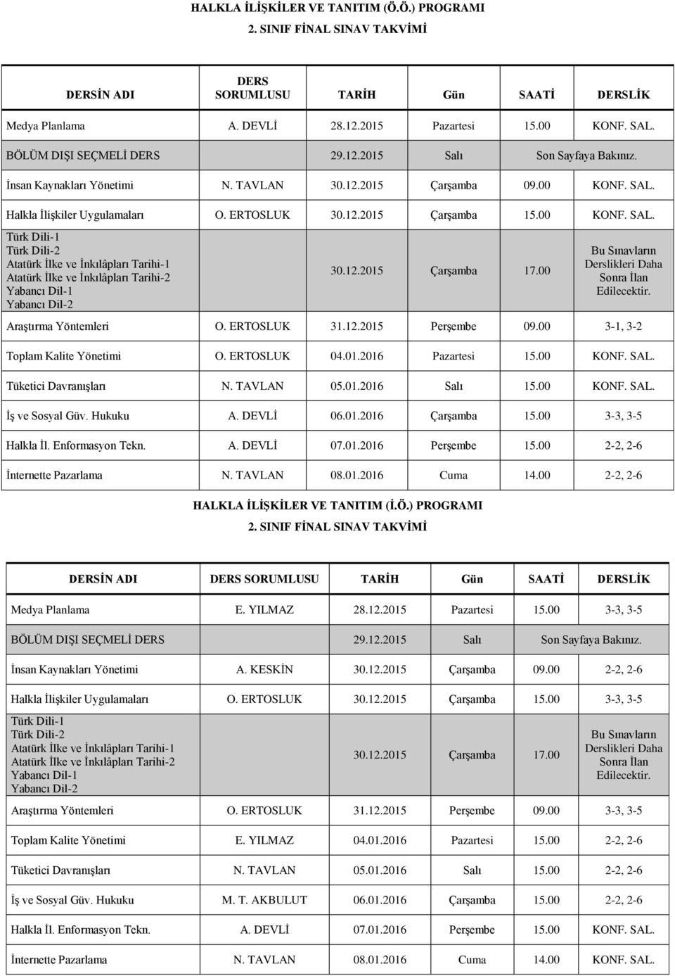 TAVLAN 05.01.2016 Salı 15.00 KONF. SAL. İş ve Sosyal Güv. Hukuku A. DEVLİ 06.01.2016 Çarşamba 15.00 3-3, 3-5 Halkla İl. Enformasyon Tekn. A. DEVLİ 07.01.2016 Perşembe 15.