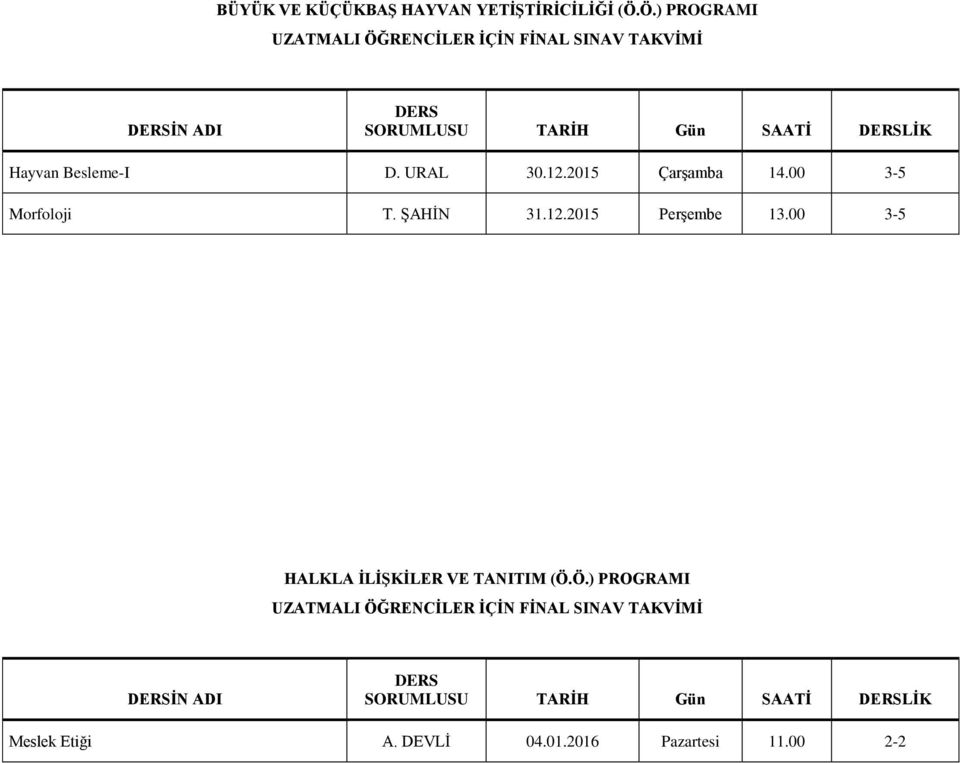 12.2015 Çarşamba 14.00 3-5 Morfoloji T. ŞAHİN 31.12.2015 Perşembe 13.