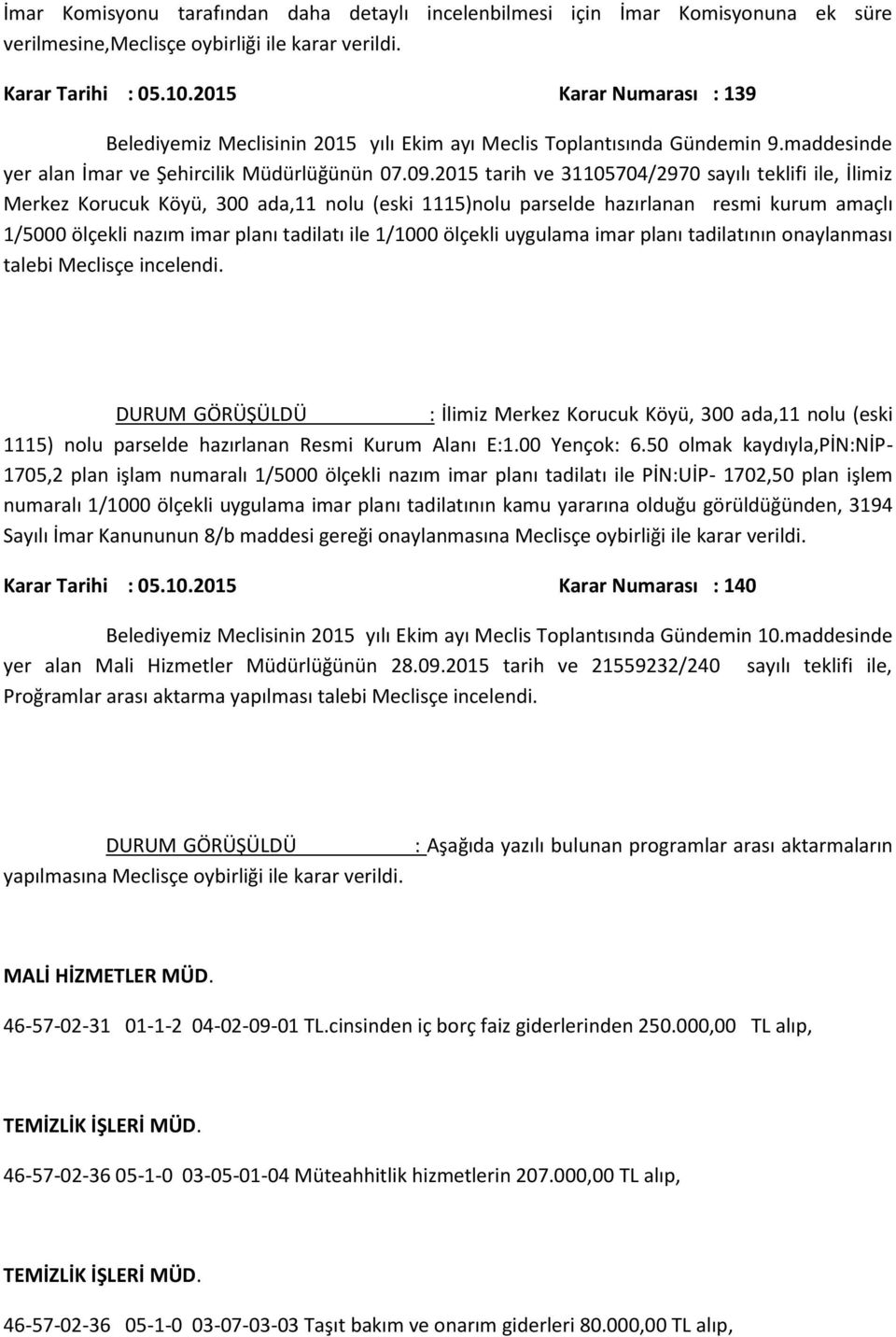 2015 tarih ve 31105704/2970 sayılı teklifi ile, İlimiz Merkez Korucuk Köyü, 300 ada,11 nolu (eski 1115)nolu parselde hazırlanan resmi kurum amaçlı 1/5000 ölçekli nazım imar planı tadilatı ile 1/1000