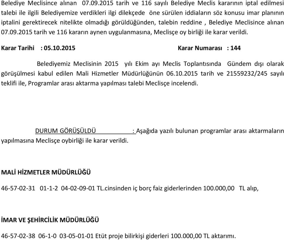 nitelikte olmadığı görüldüğünden, talebin reddine, 2015 tarih ve 116 kararın aynen uygulanmasına, Meclisçe oy birliği ile karar verildi. Karar Tarihi : 05.10.