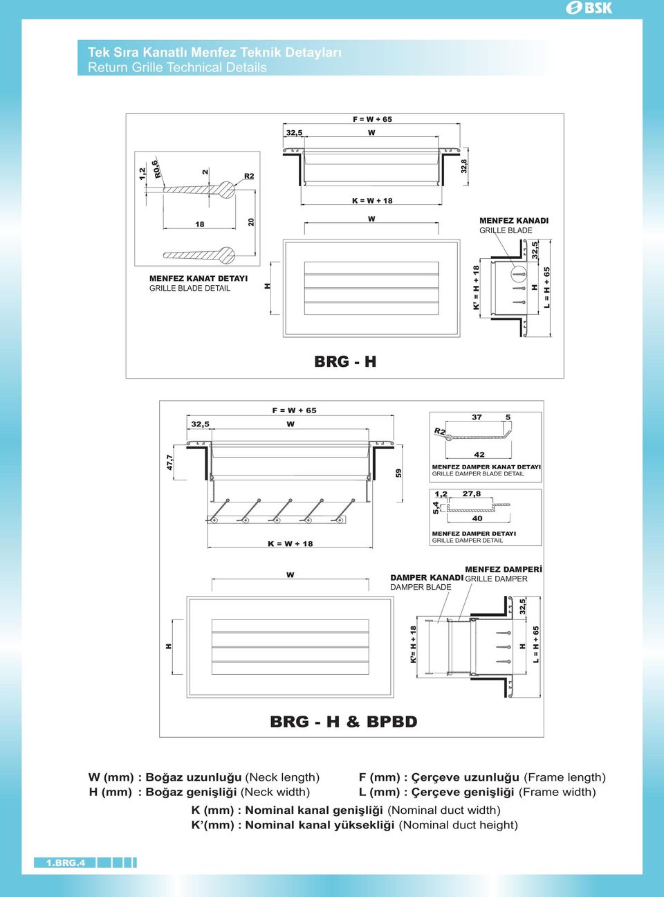 MENFEZ DAMPERÝ DAMPER KANADI GRILLE DAMPER DAMPER BLADE H K = H + 18 H L = H + 65 3,5 BRG - H & BPBD (mm) : Boðaz uzunluðu (Neck length) H (mm) : Boðaz geniþliði (Neck width) F (mm) :