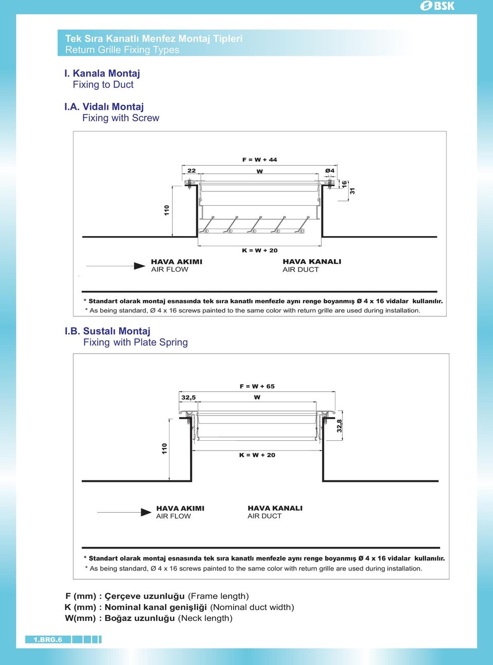 kullanýlýr. * As being standard, Ø 4 x 16 screws painted to the same color with return grille are used during installation. I.B.