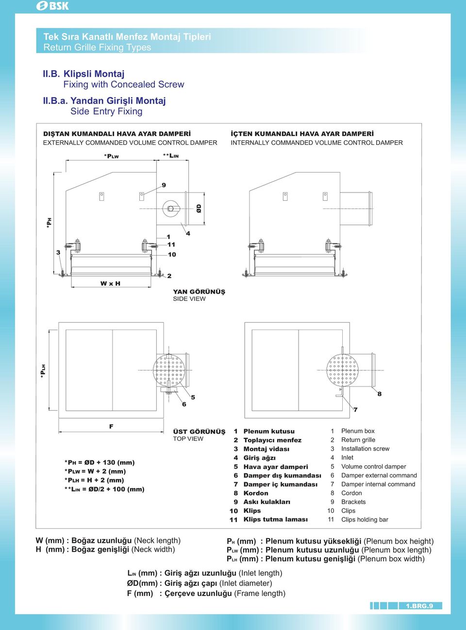 COMMANDED VOLUME CONTROL DAMPER ÝÇTEN KUMANDALI HAVA AYAR DAMPERÝ INTERNALLY COMMANDED VOLUME CONTROL DAMPER *PL **LIN 9 *PH ØD 3 1 11 10 4 x H YAN GÖRÜNÜÞ SIDE VIE *PLH 6 5 7 8 *PH = ØD + 130 (mm)