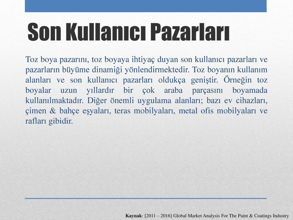 Örneğin toz boyalar uzun yıllardır bir çok araba parçasını boyamada kullanılmaktadır.