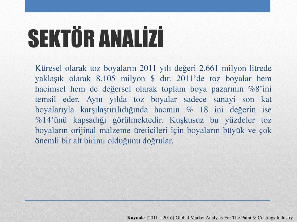 Aynı yılda toz boyalar sadece sanayi son kat boyalarıyla karşılaştırılıdığında hacmin % 18 ini değerin ise %14 ünü