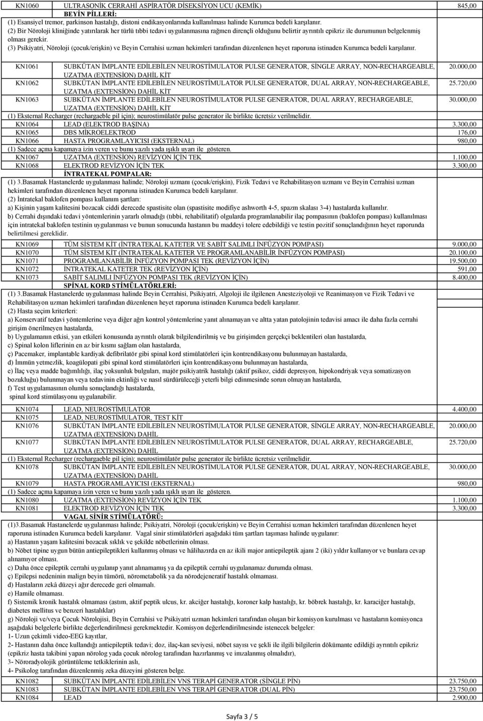 (3) Psikiyatri, Nöroloji (çocuk/erişkin) ve Beyin Cerrahisi uzman hekimleri tarafından düzenlenen heyet raporuna istinaden Kurumca bedeli karşılanır.