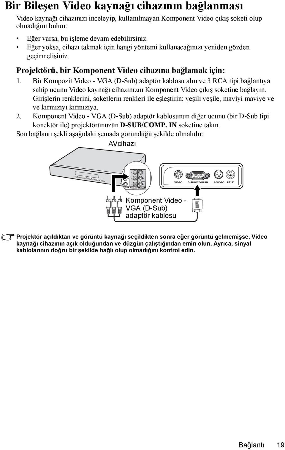 Bir Kompozit Video - VGA (D-Sub) adaptör kablosu alın ve 3 RCA tipi bağlantıya sahip ucunu Video kaynağı cihazınızın Komponent Video çıkış soketine bağlayın.