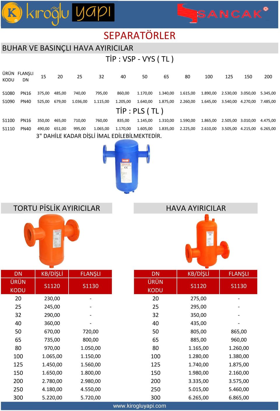 485,00 TİP : PLS ( TL ) S1100 PN16 350,00 465,00 710,00 760,00 835,00 1.145,00 1.310,00 1.590,00 1.865,00 2.505,00 3.010,00 4.475,00 S1110 PN40 490,00 651,00 995,00 1.065,00 1.170,00 1.605,00 1.