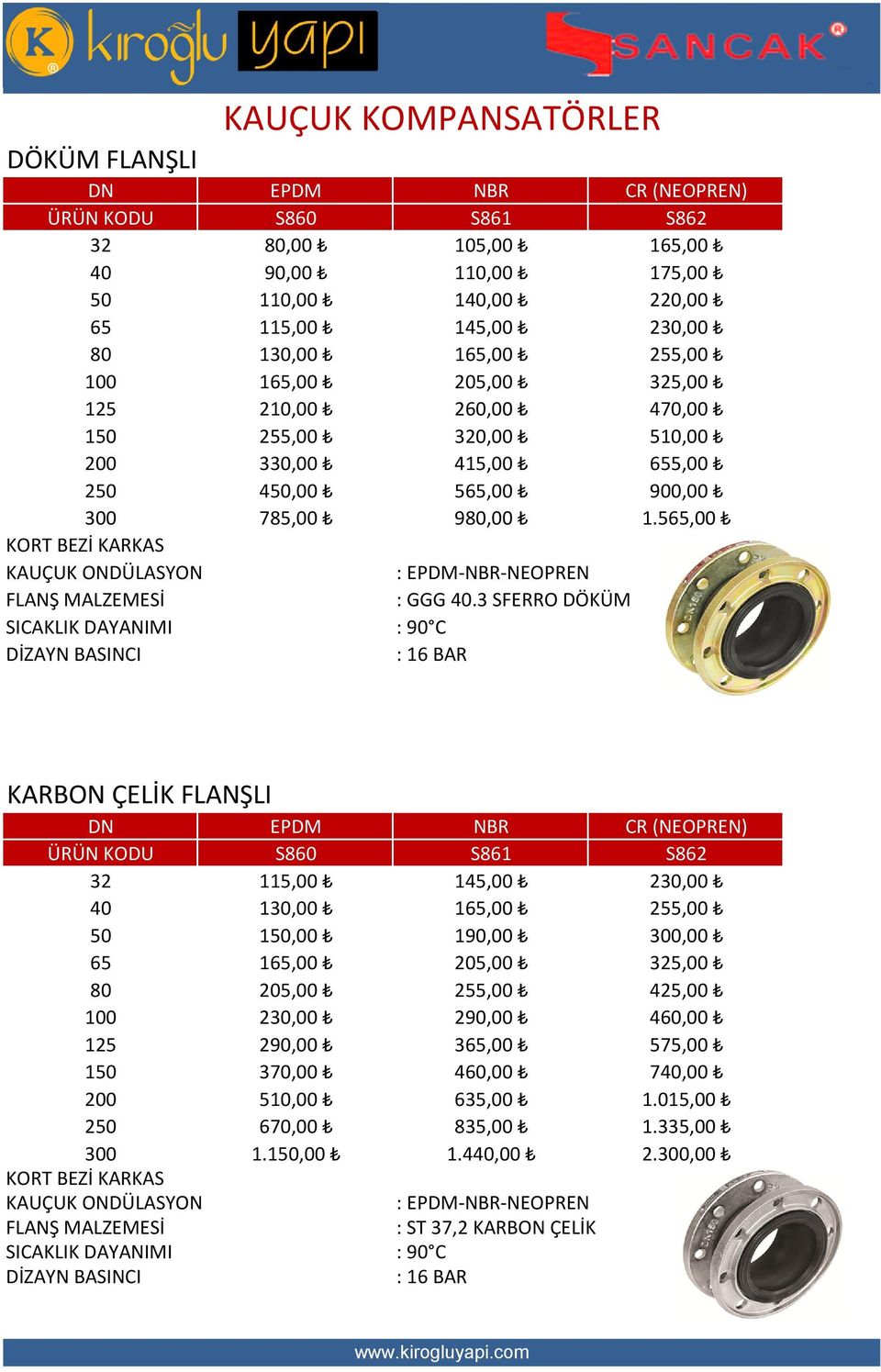 565,00 KORT BEZİ KARKAS KAUÇUK ONDÜLASYON : EPDM-NBR-NEOPREN FLANŞ MALZEMESİ : GGG 40.