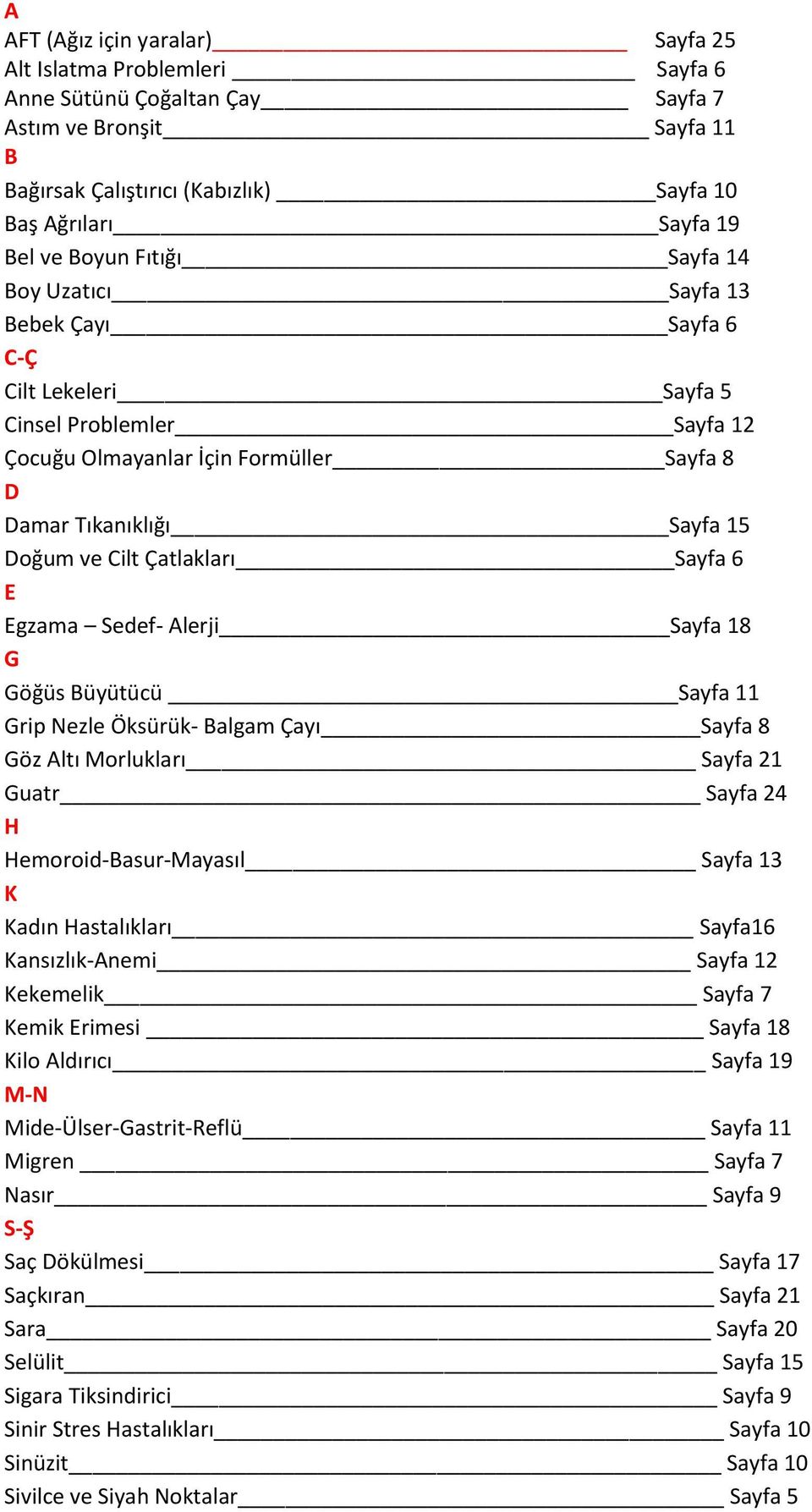 Çatlakları Sayfa 6 E Egzama Sedef- Alerji Sayfa 18 G Göğüs Büyütücü Sayfa 11 Grip Nezle Öksürük- Balgam Çayı Sayfa 8 Göz Altı Morlukları Sayfa 21 Guatr Sayfa 24 H Hemoroid-Basur-Mayasıl Sayfa 13 K