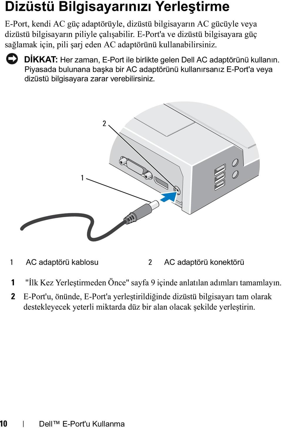 Piyasada bulunana başka bir AC adaptörünü kullanırsanız E-Port'a veya dizüstü bilgisayara zarar verebilirsiniz.