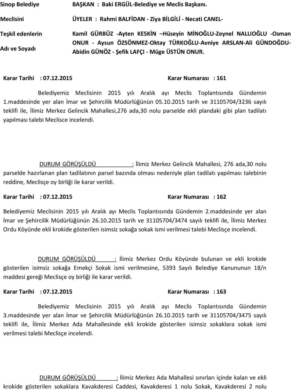 - Şefik LAFÇI - Müge ÜSTÜN ONUR. Karar Tarihi : 07.12.2015 Karar Numarası : 161 1.maddesinde yer alan İmar ve Şehircilik Müdürlüğünün 05.10.