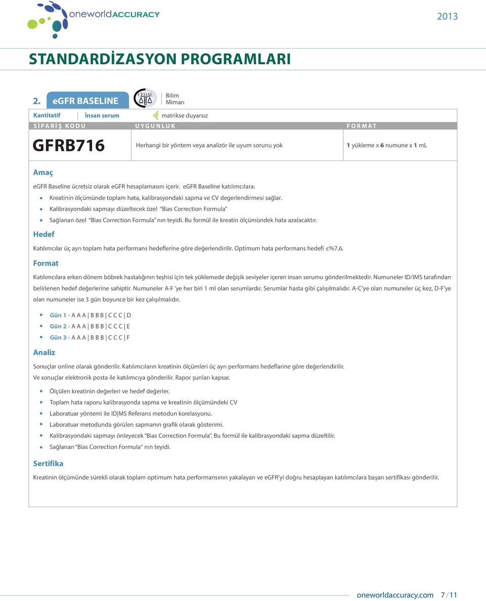 Kalibrasyondaki sapmayı düzeltecek özel Bias Correction Formula Sağlanan özel Bias Correction Formula nın teyidi. Bu formül ile kreatin ölçümündek hata azalacaktır.