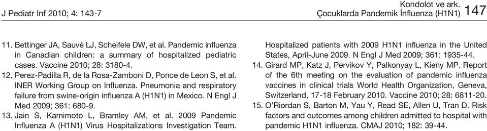 INER Working Group on Influenza. Pneumonia and respiratory failure from swine-origin influenza A (H1N1) in Mexico. N Engl J Med 2009; 361: 680-9. 13. Jain S, Kamimoto L, Bramley AM, et al.