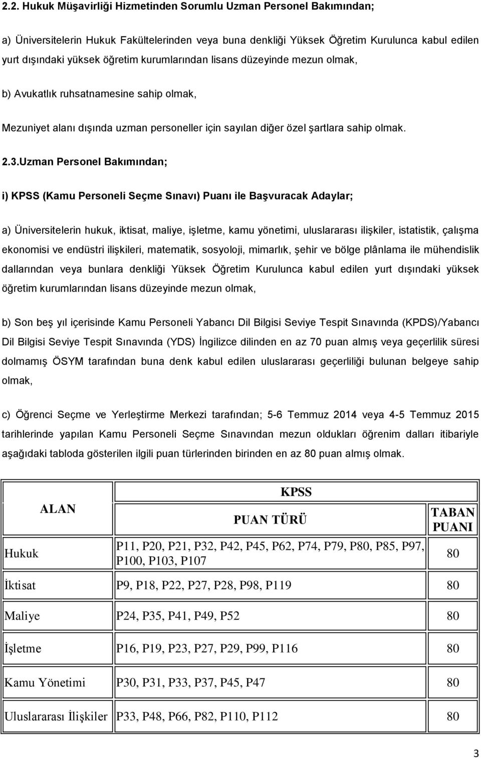 Uzman Personel Bakımından; i) KPSS (Kamu Personeli Seçme Sınavı) Puanı ile Başvuracak Adaylar; a) Üniversitelerin hukuk, iktisat, maliye, işletme, kamu yönetimi, uluslararası ilişkiler, istatistik,